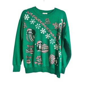 Vintage Christmas Cat Sweatshirt Green S Retro Festive Holiday Classic 80s Chic